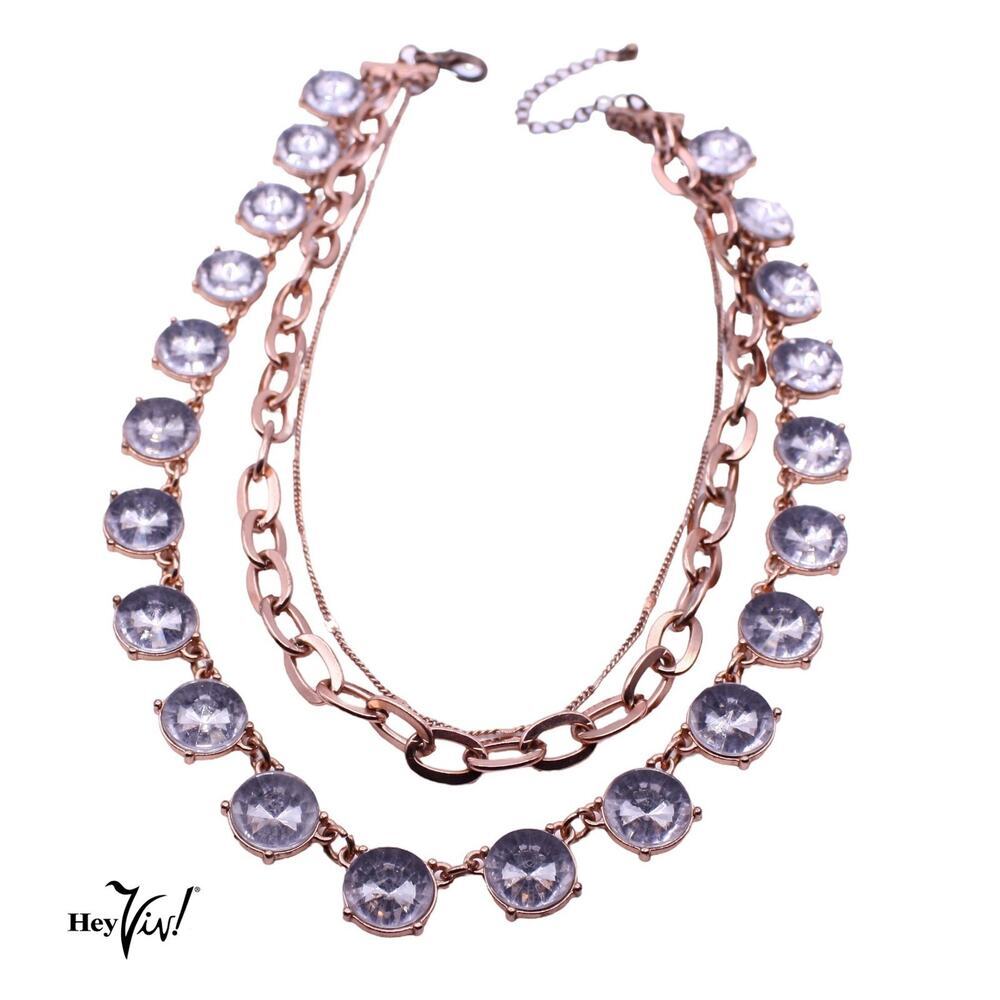 Copper Tone Triple Strand Crystal Necklace 19" Statement Fashion Retro - Hey Viv